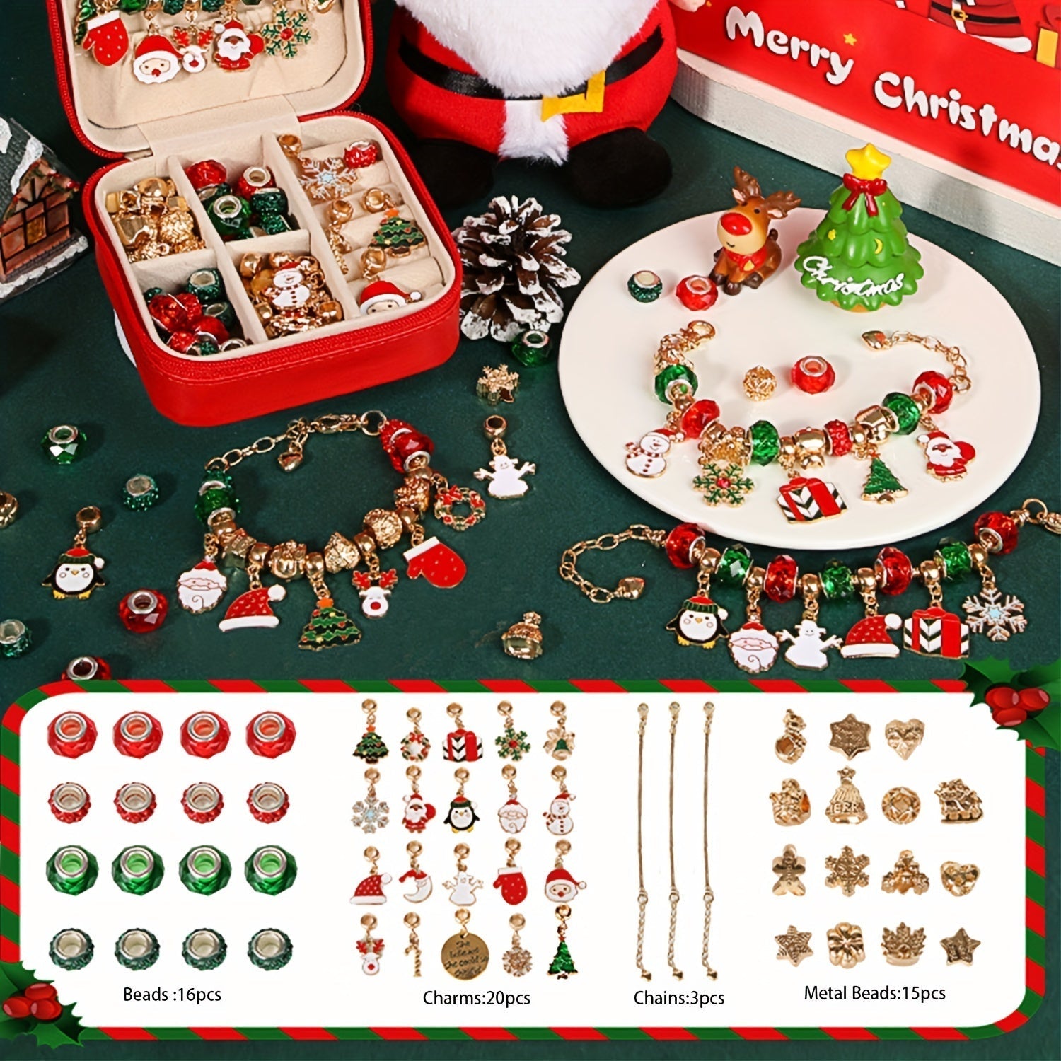 Weihnachts Charm Armband Bastelset, Elegante Rot-Grün Serie DIY Perlen