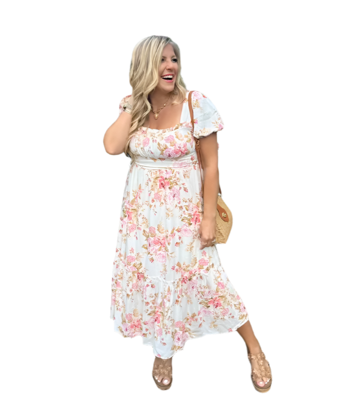 Karina - Blühendes Midi-Kleid mit klassischem Halsausschnitt