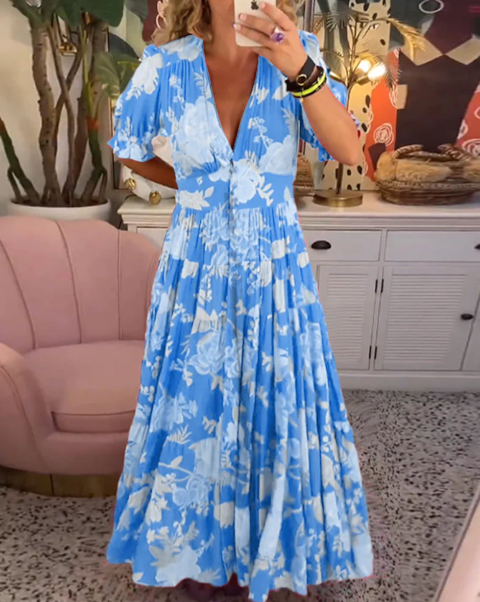 Clare – Blumenmuster & V-Ausschnitt Kleid für Frühling/Sommer