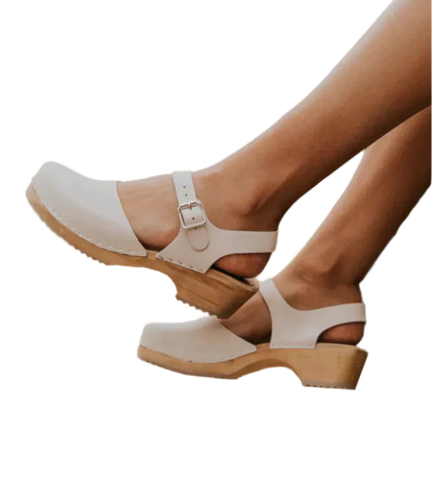 Stella - Zuecos de madera con tacón de madera, correa al tobillo y hebilla