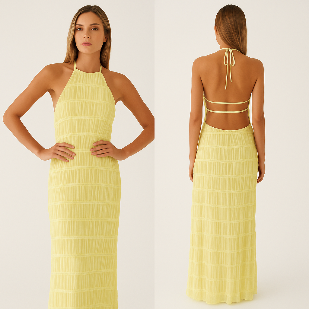 Vera - Lang wrapkjole med patchworkdetaljer