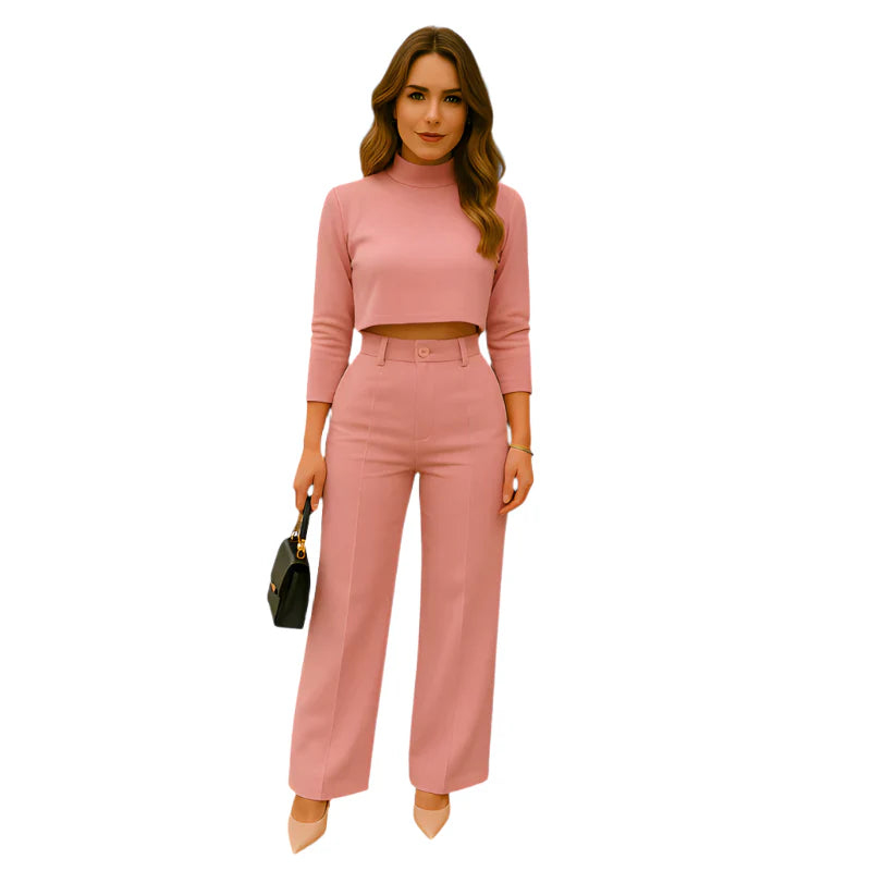Eva - Moderne todelt sæt med højkravetop og bukser med vide ben
