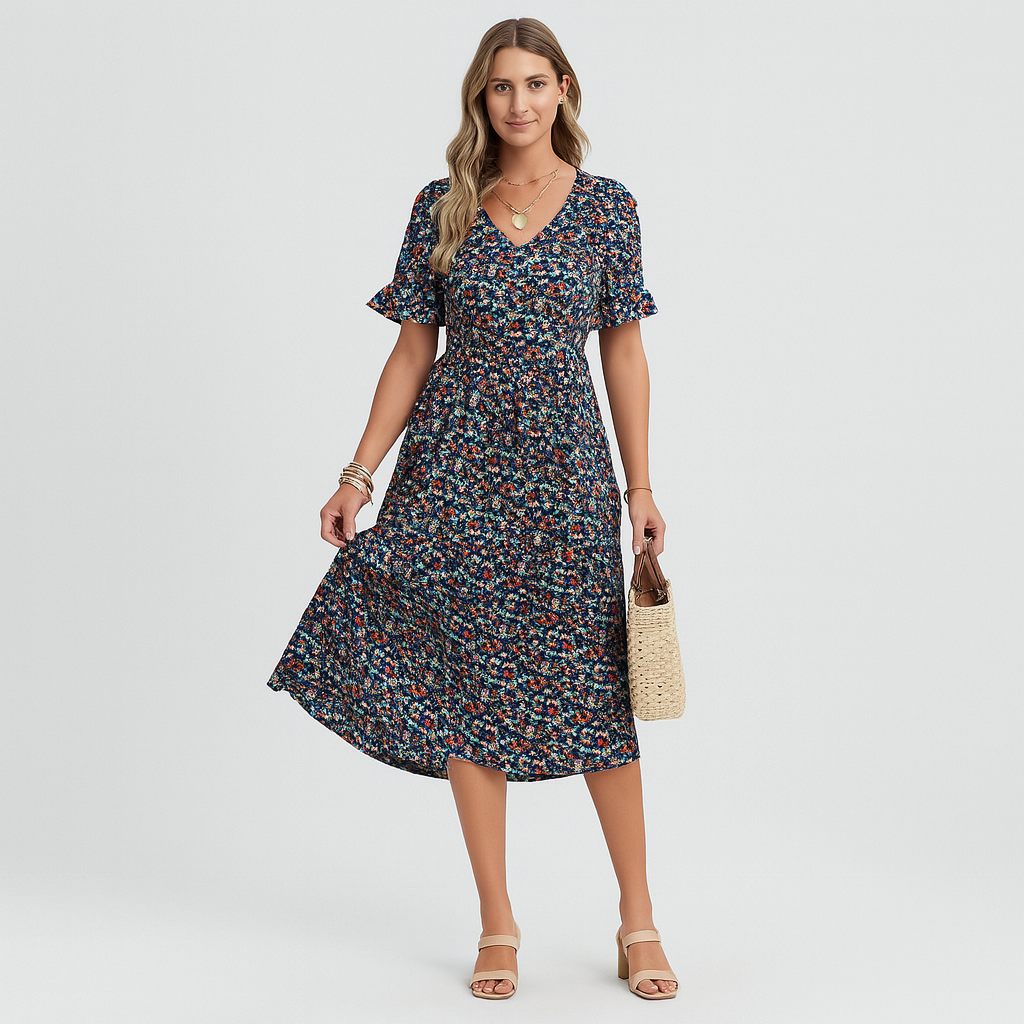 Robe midi – style féminin coupé avec manches à volants