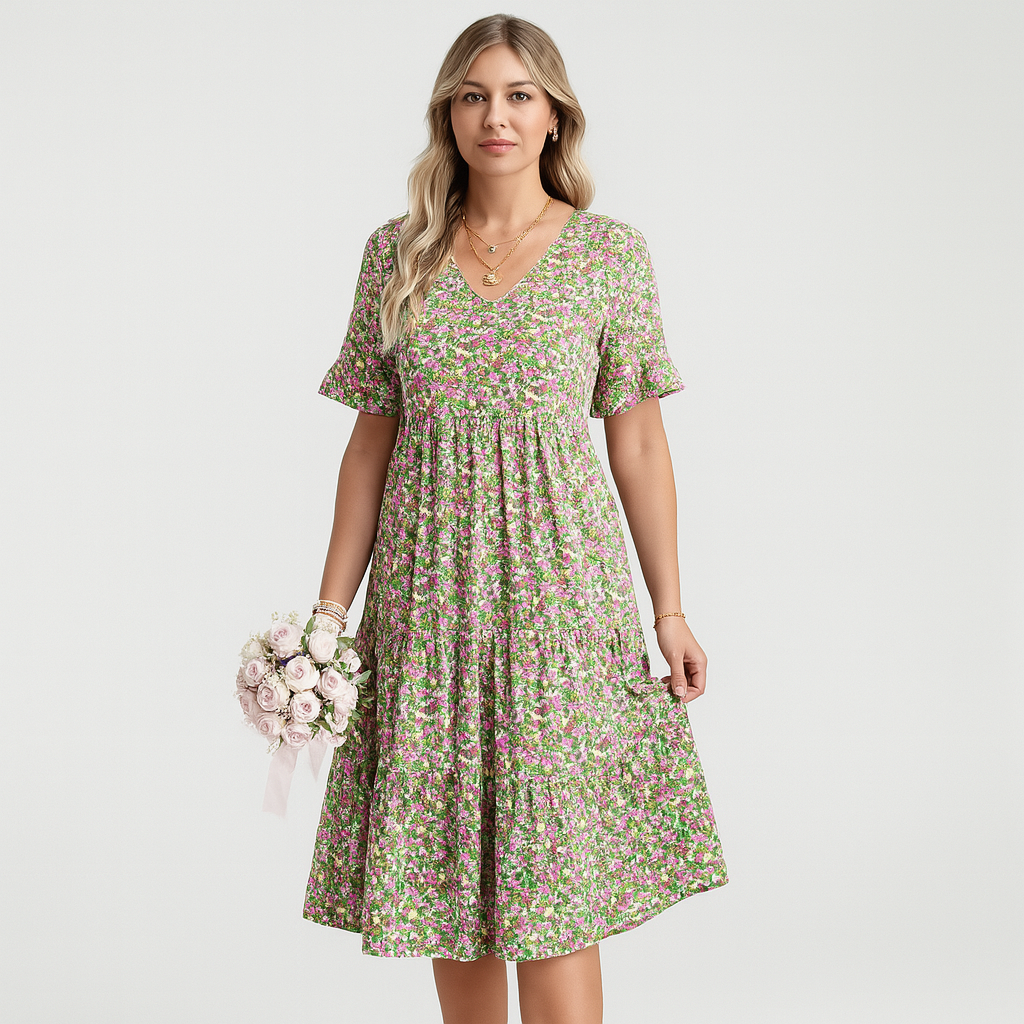 Robe midi – style féminin coupé avec manches à volants