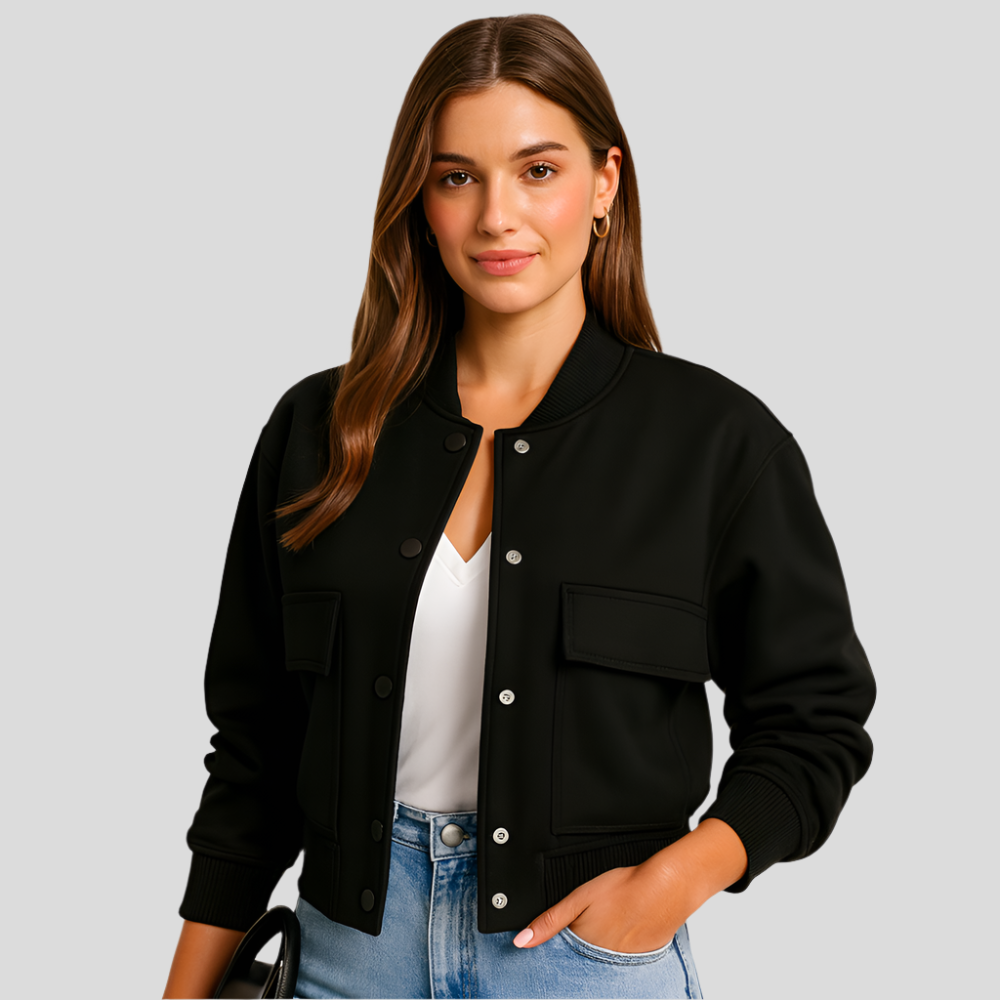 Kurzer Flugzeugjacke für Damen – Klapptaschen und Druckknopfverschluss