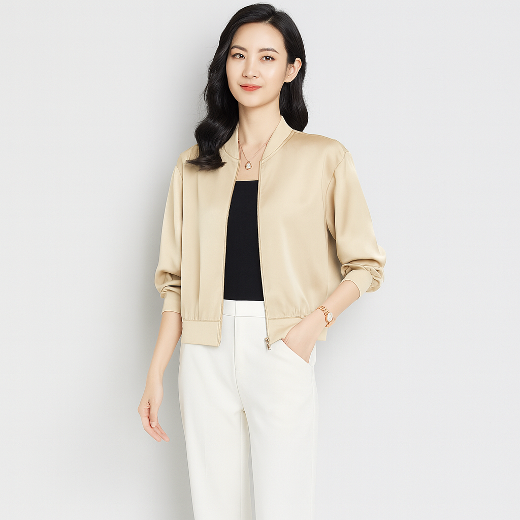 Bomberjacke aus Satin für Damen – Lockere Passform, Reißverschluss, Allwetterstil
