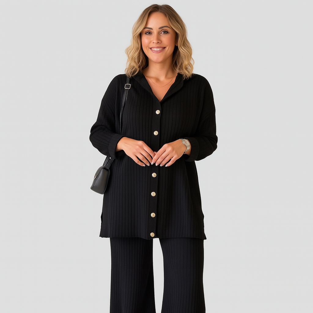 Conjunto de punto acanalado de dos piezas – chaqueta tipo camisa con botones y pantalones de pierna ancha