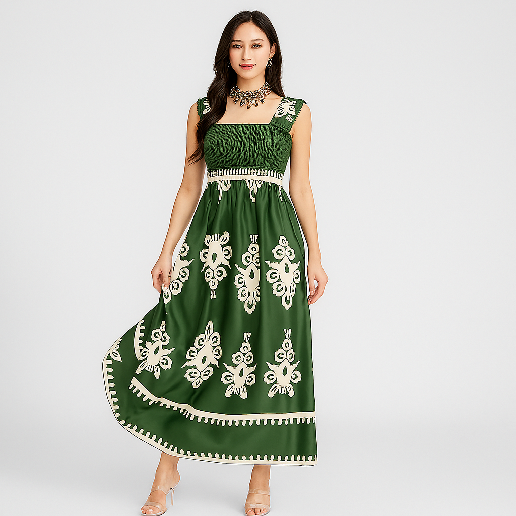 Midi sommerkjole – afslappet pasform med matchende bælte