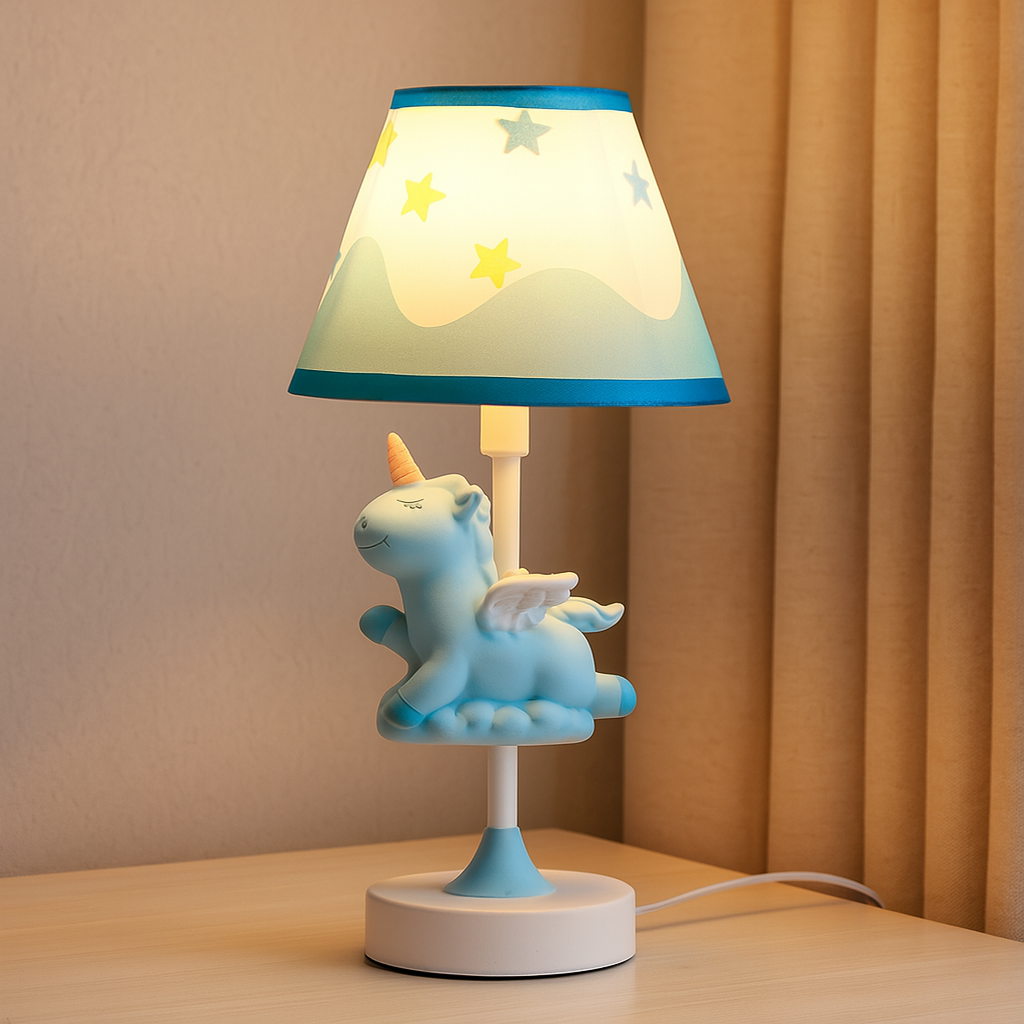 Twinklehorn – Einhorn Tischlampe mit Stoffschirm für Arbeitszimmer