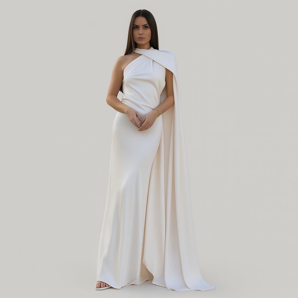 Patricia - Elegante Én-Schulter-Kleid mit Drapierter Halsauschnitt und Fließendem Schleppe