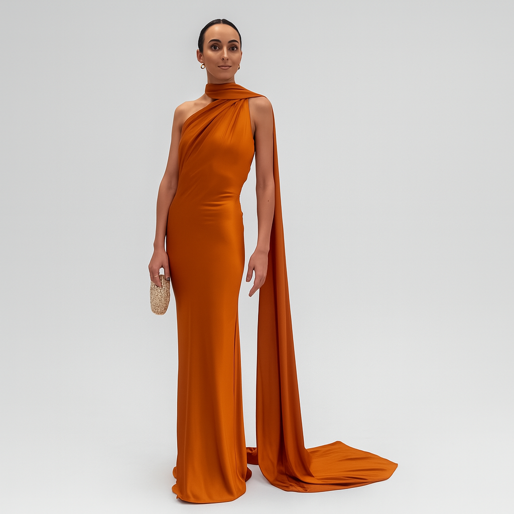 Patricia - Elegante Én-Schulter-Kleid mit Drapierter Halsauschnitt und Fließendem Schleppe