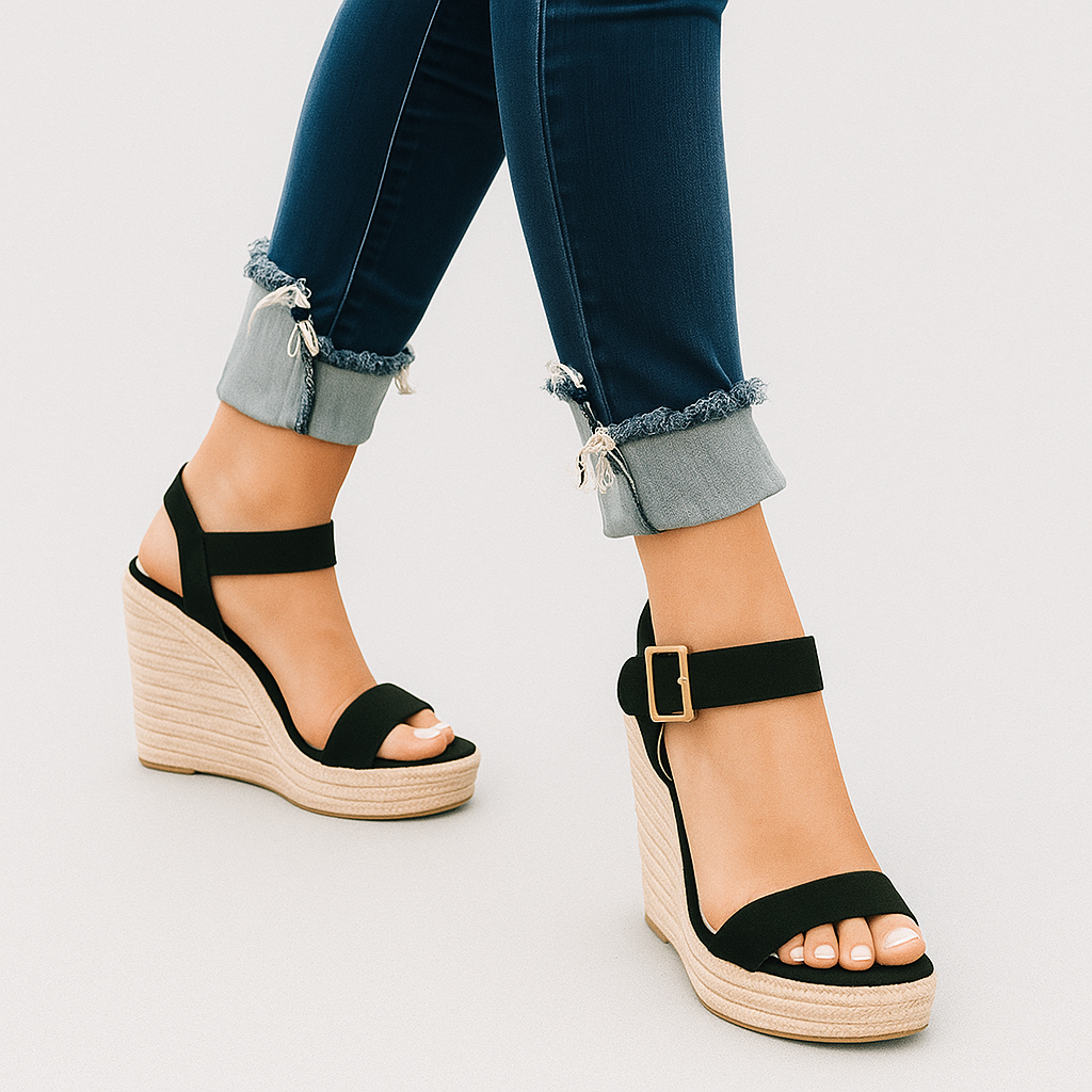 Almira – Elegante Kilesandalen mit Schnallen und Juteabsatz