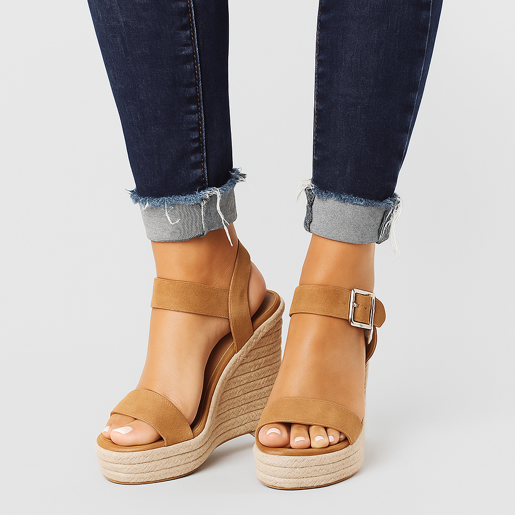 Almira – Elegante Kilesandalen mit Schnallen und Juteabsatz