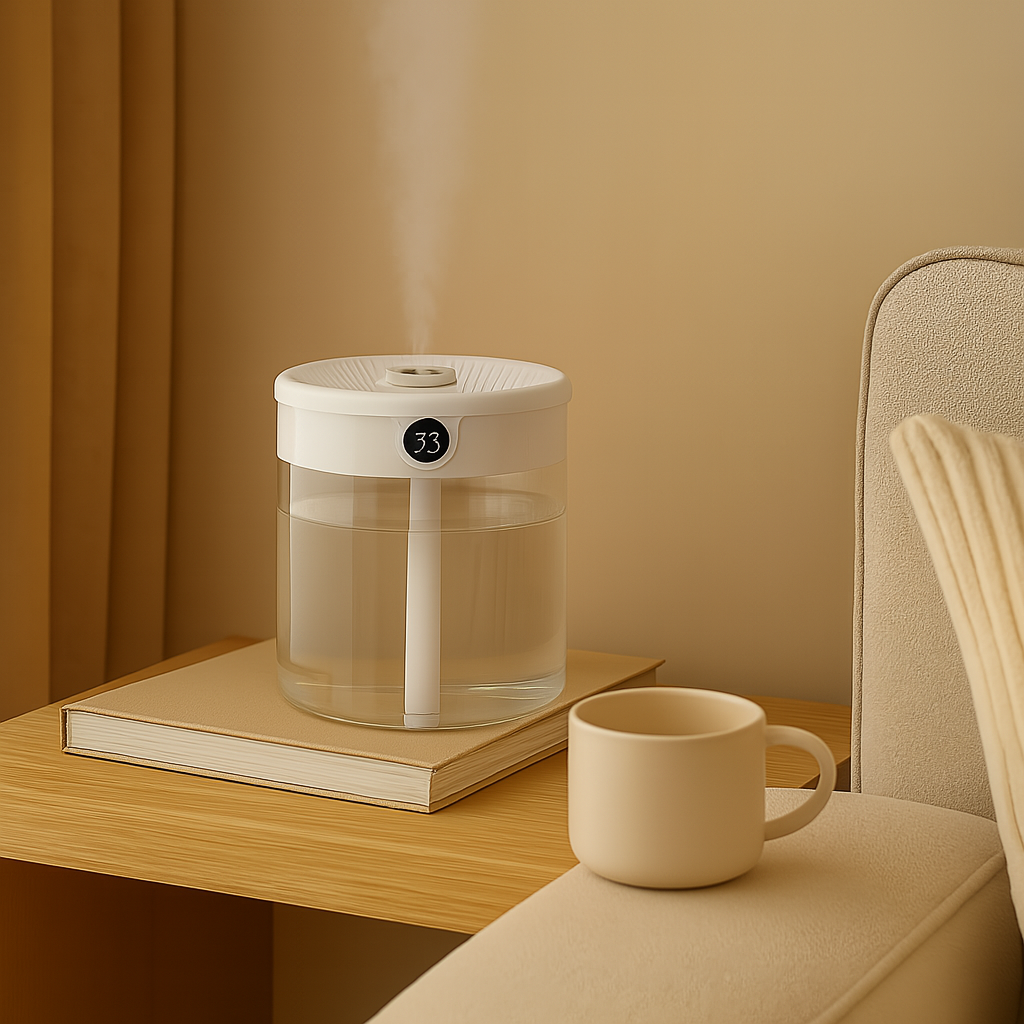 LumoClear – Humidificador ultrasónico con doble boquilla, indicador inteligente de humedad y difusor de aceites esenciales para la sala de estar