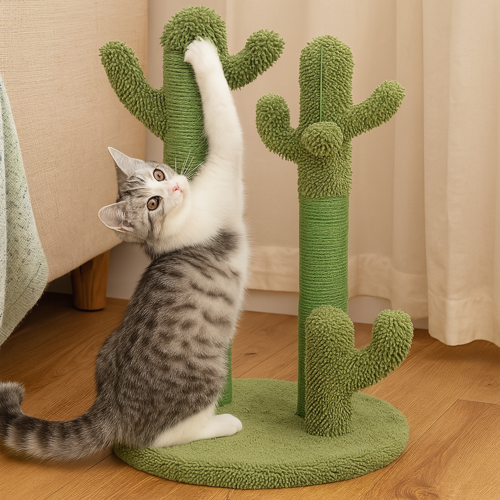 PawTrek – Interaktives Kaktus-Kratzbaum für Katzen mit Hängeball und dreifache Stämme