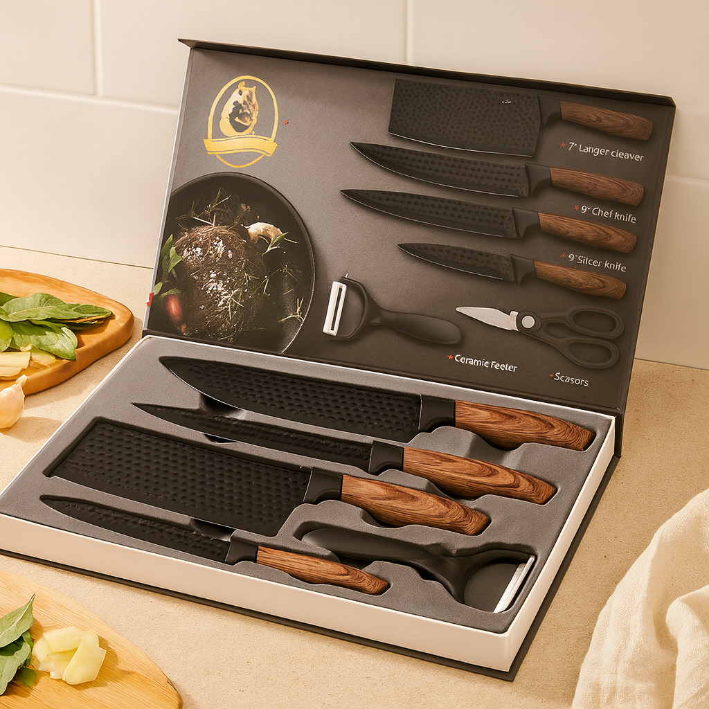 Chefora | 6-teiliges Küchenmesser- und Zubehörset aus Edelstahl – Schwarze Geschenk-Edition