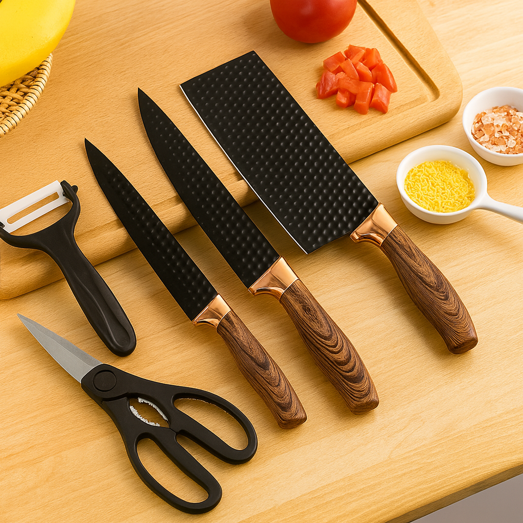 Chefora | Set de cuchillos de cocina y accesorios de 6 piezas de acero inoxidable – Edición de regalo negra