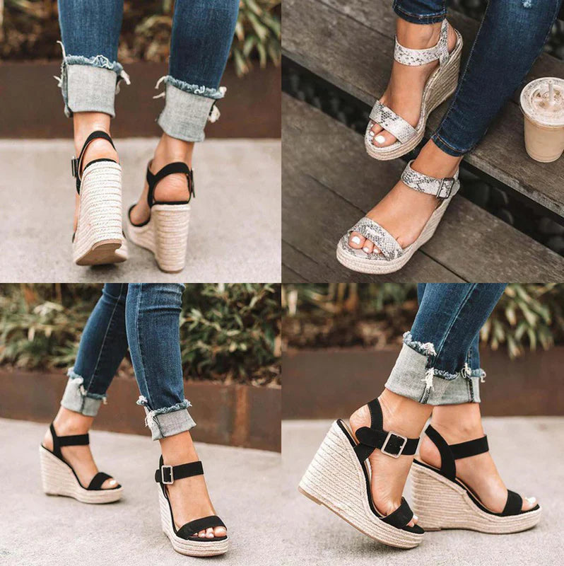 Almira – Elegante Kilesandalen mit Schnallen und Juteabsatz