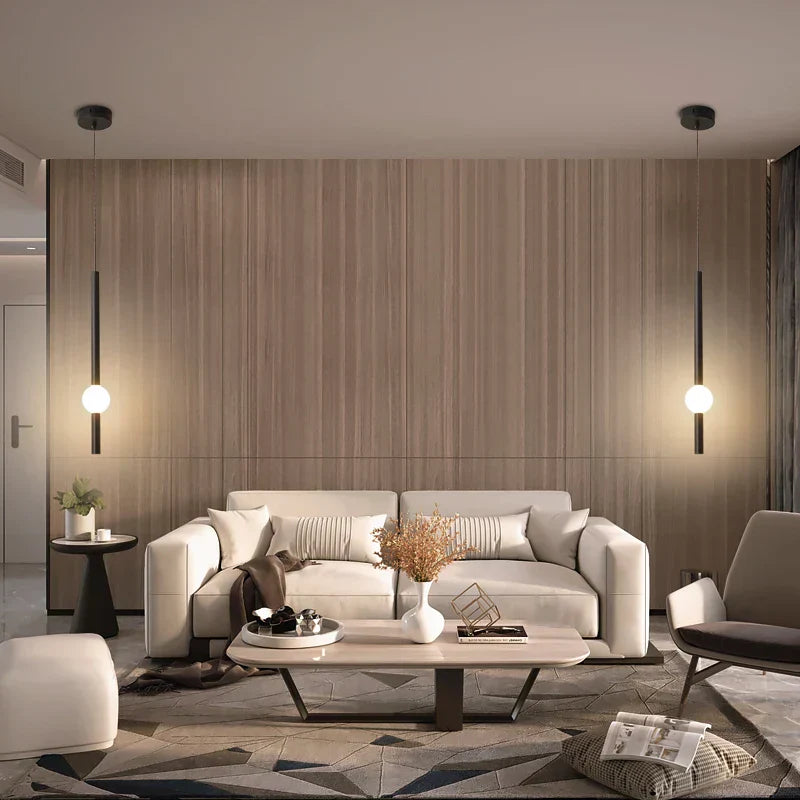 LumaSphere - Minimalistische Pendelleuchte mit schlankem schwarzen Stab und Glaskugel