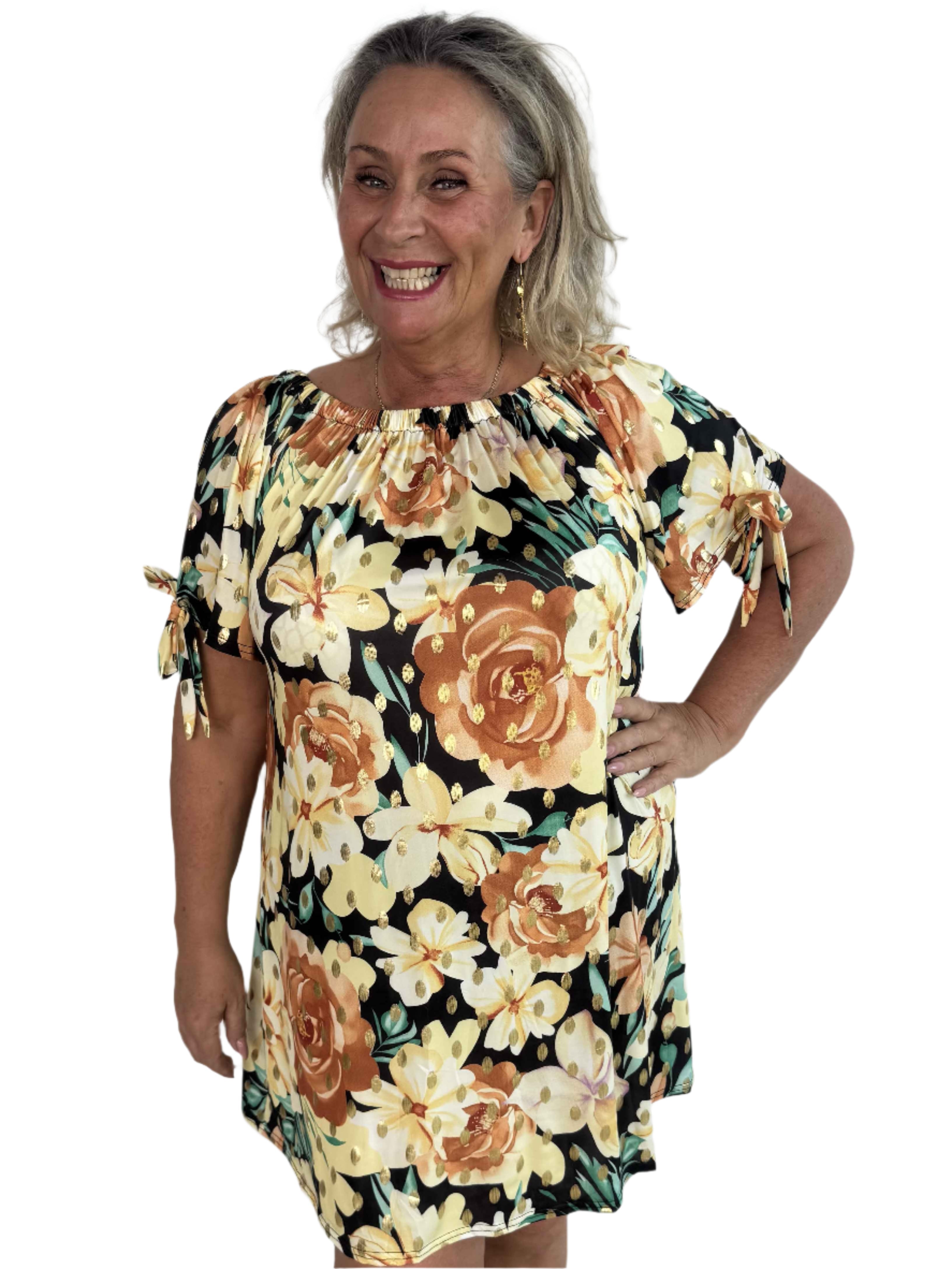 Maria - Talla grande con estampado de flores midi con escote fruncido