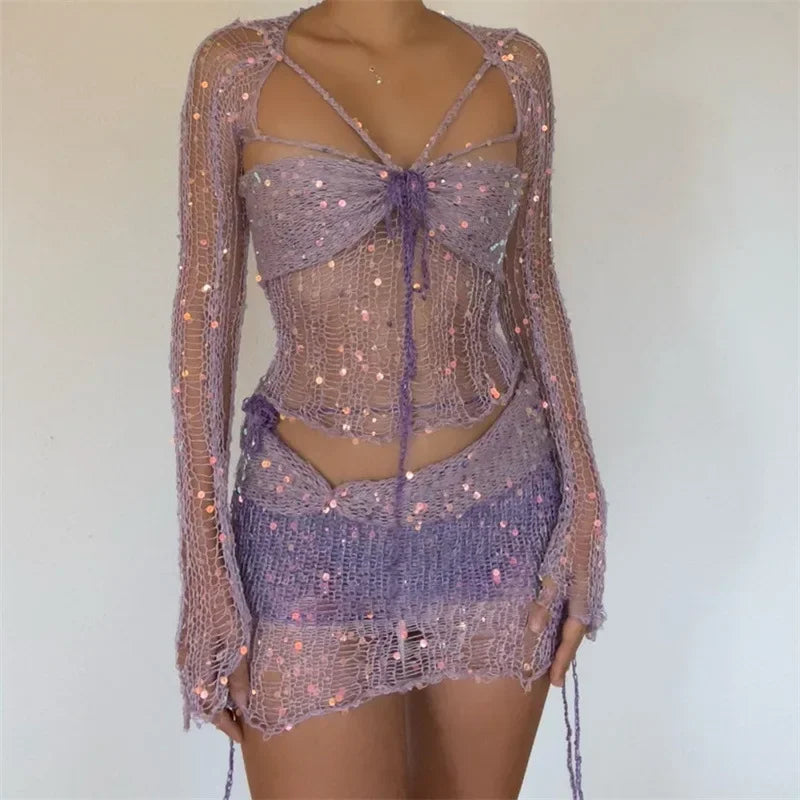 Frederikke - Todelt langærmet pailletteret striktop med udskåret bodycon-nederdel