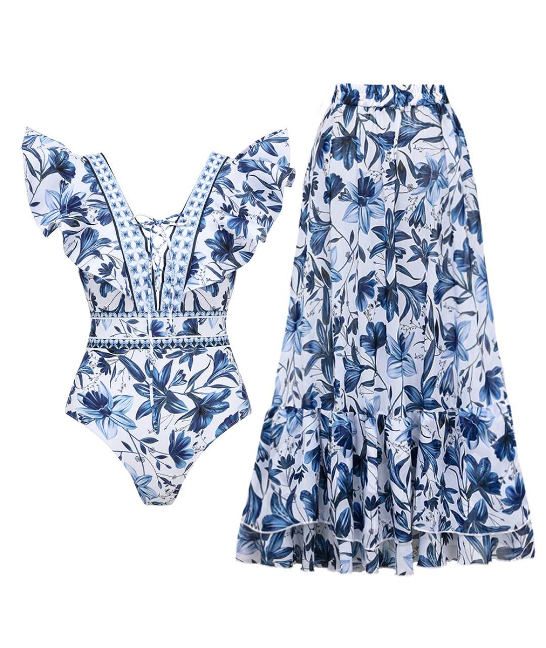 Arelia - Bañador de una pieza con escote en V y conjunto de falda a juego