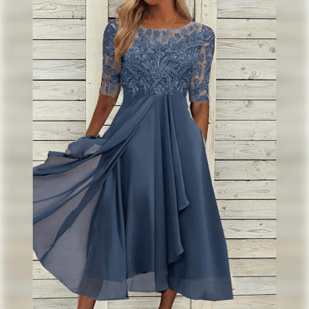 Harper - Schicke cascaderende Rüsch Maxi-Kleid mit rundem Hals