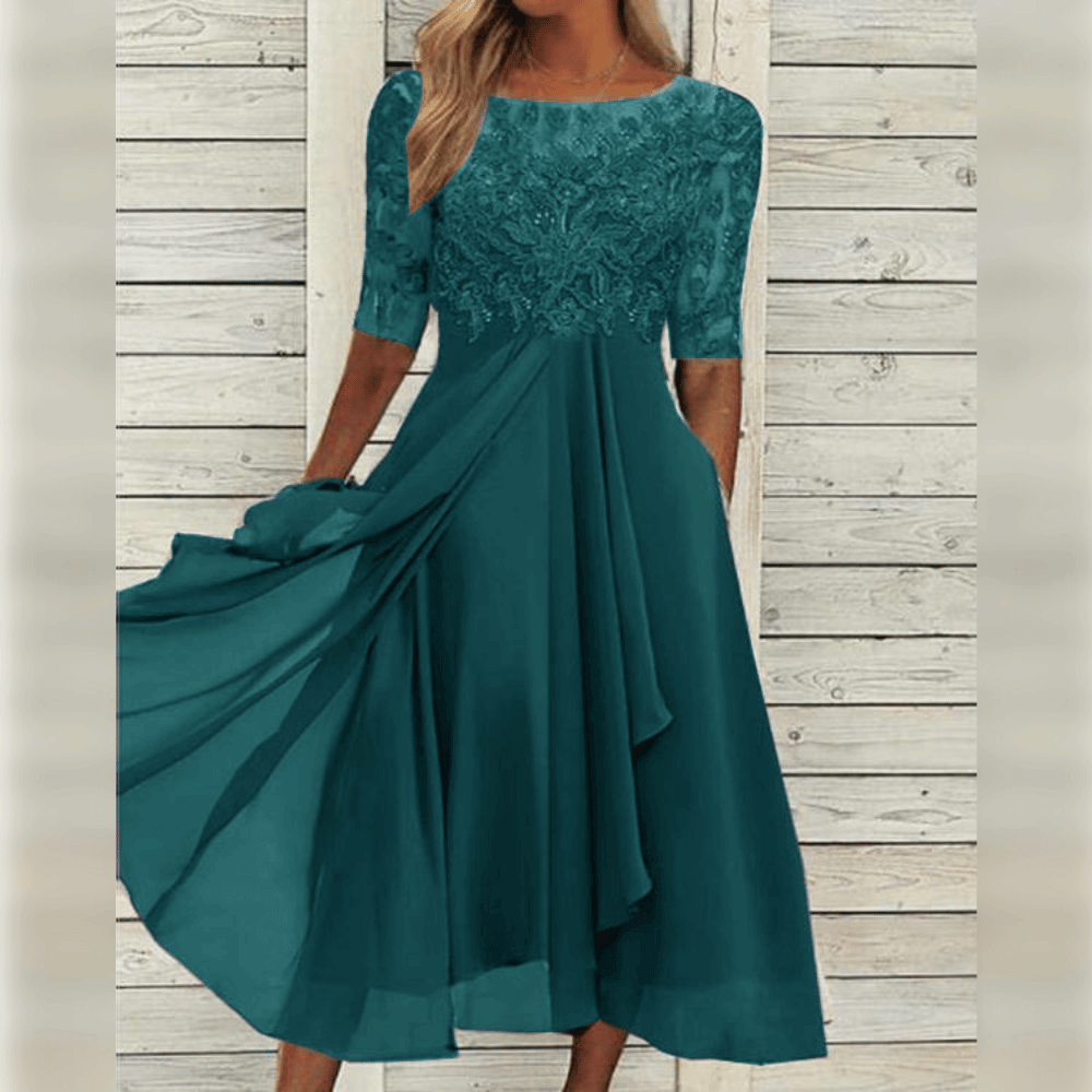 Harper - Schicke cascaderende Rüsch Maxi-Kleid mit rundem Hals