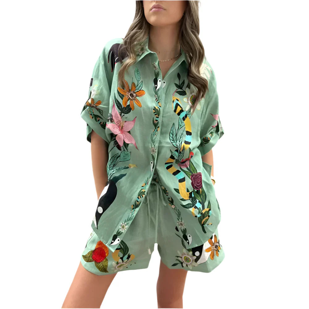 Mary - Stilvolles zweiteiliges Set mit Blumen- und Tierdruck