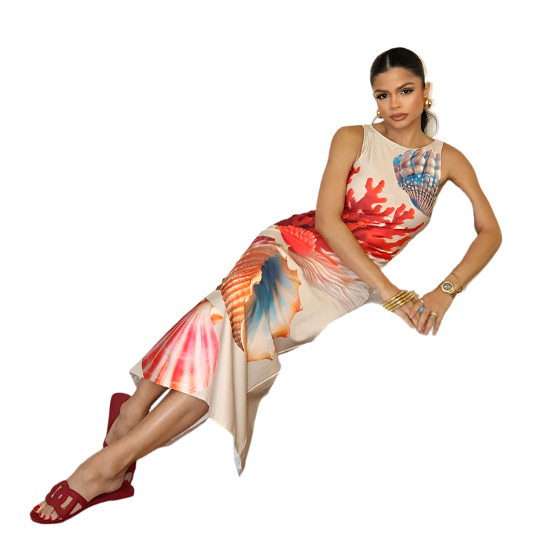 Fabiana - vestido maxi con diseño tropical de conchas