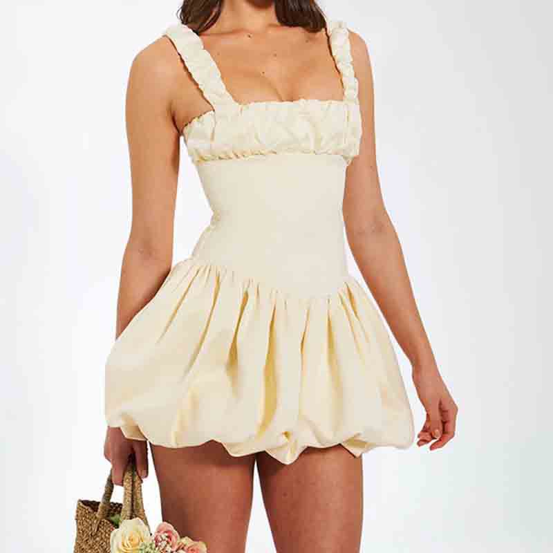 Bia - Vestido corto voluminoso para mujer con escote cuadrado y detalles de volantes