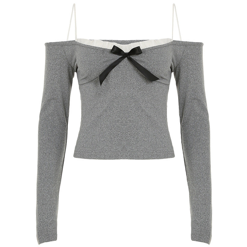 Rita - Blusa de manga larga con hombros descubiertos, volantes y lazos