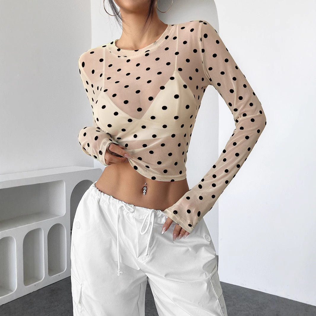 Shara - Lecker gepunktetes eng anliegendes Mesh Langarm-T-Shirt
