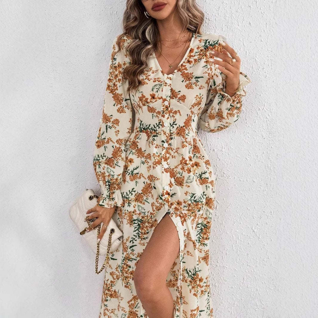 Roberta - Bedrucktes V-Ausschnitt Langarm Maxikleid