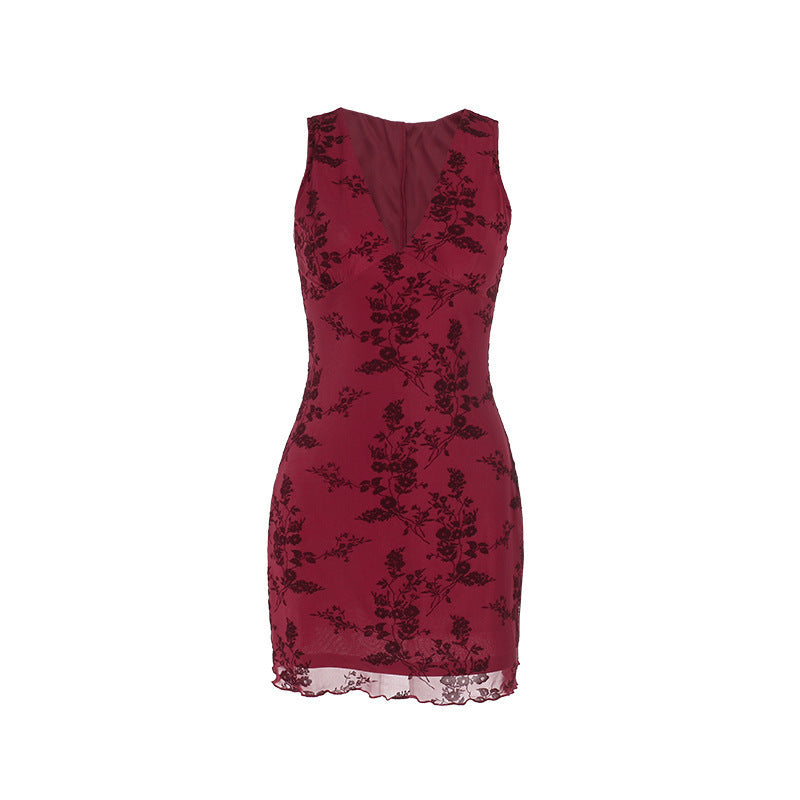 Monique - Vestido corto con patrón rubio florido y escote profundo en V