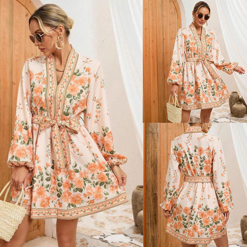 Dominique - Vestido de manga larga con escote en V y estampado