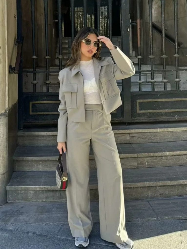 Adelheid – Conjunto de blazer de manga larga con bolsillos y pantalón de corte ancho