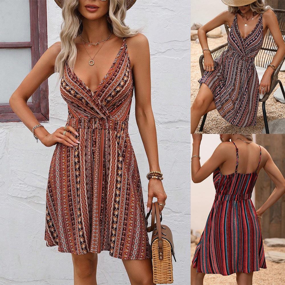 Camilla - Gestreifter Wickel-V-Ausschnitt dünner Stretch Cami-Kleid