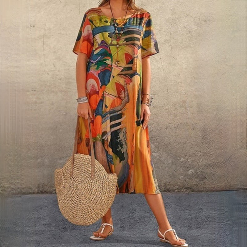 Zendaya - Lässiger Rundhals und lockeres Kleid mit Kunstdruck