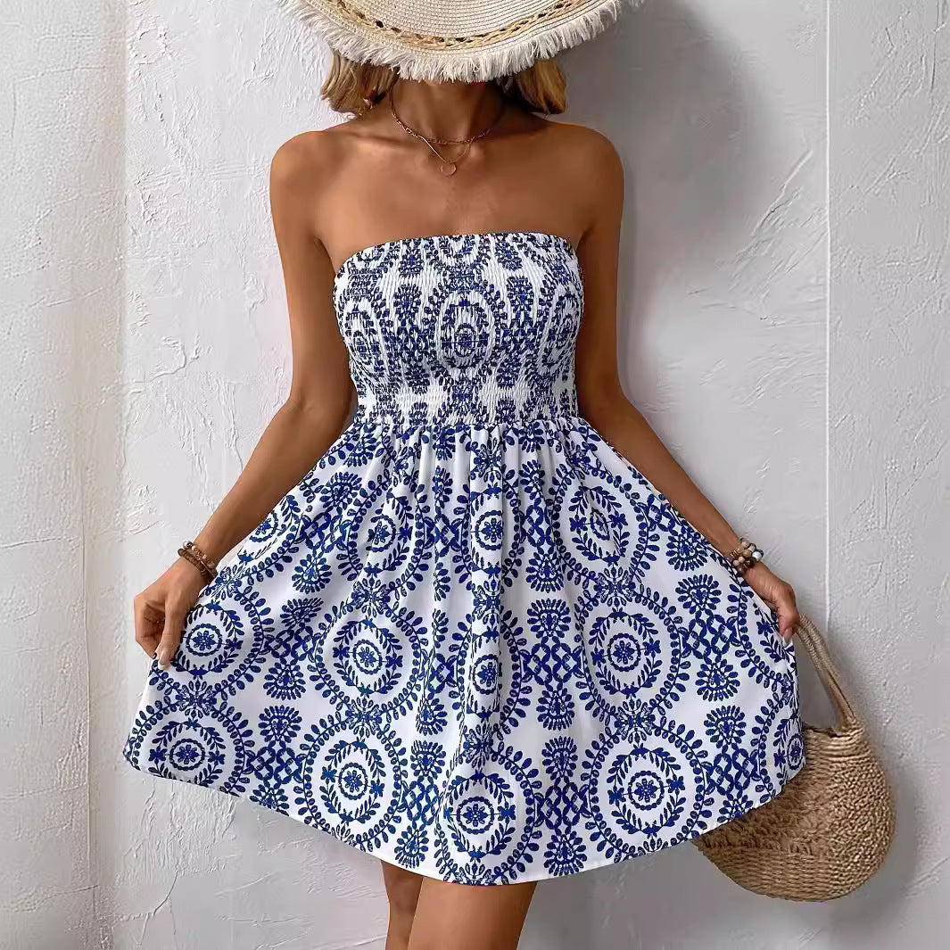 Jane - Blau bedrucktes Trägerkleid