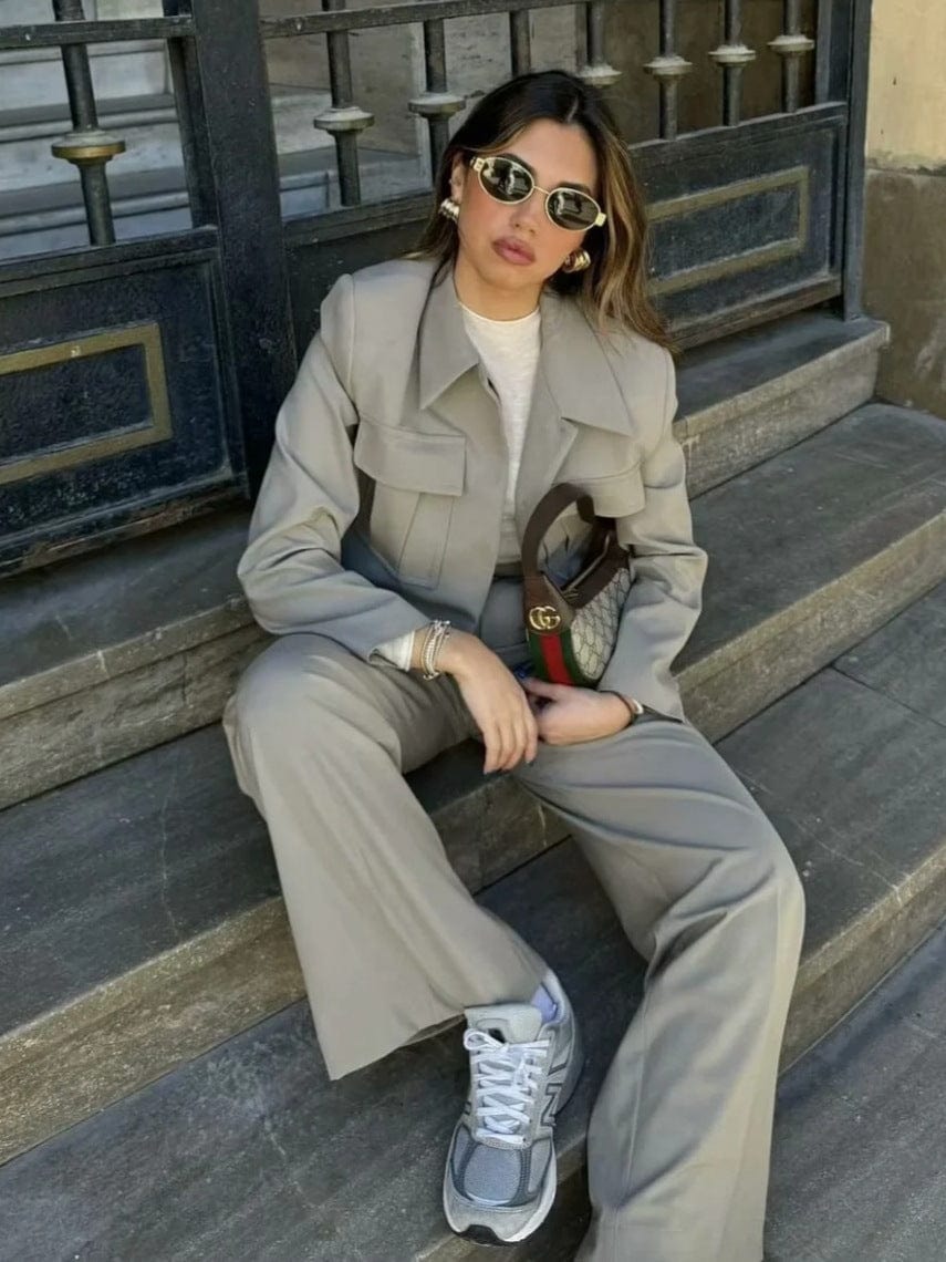 Adelheid – Conjunto de blazer de manga larga con bolsillos y pantalón de corte ancho