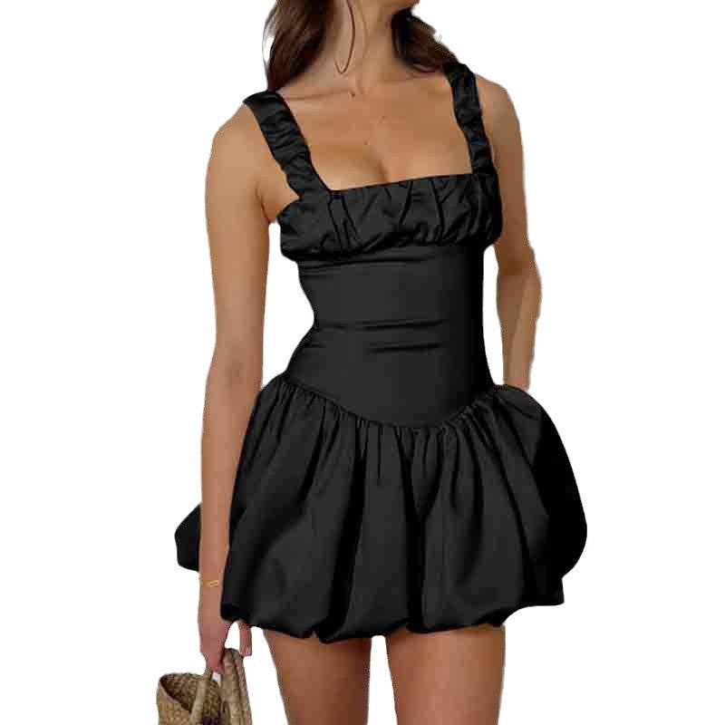 Bia - Vestido corto voluminoso para mujer con escote cuadrado y detalles de volantes