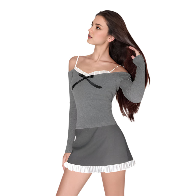 Rita - Blusa de manga larga con hombros descubiertos, volantes y lazos