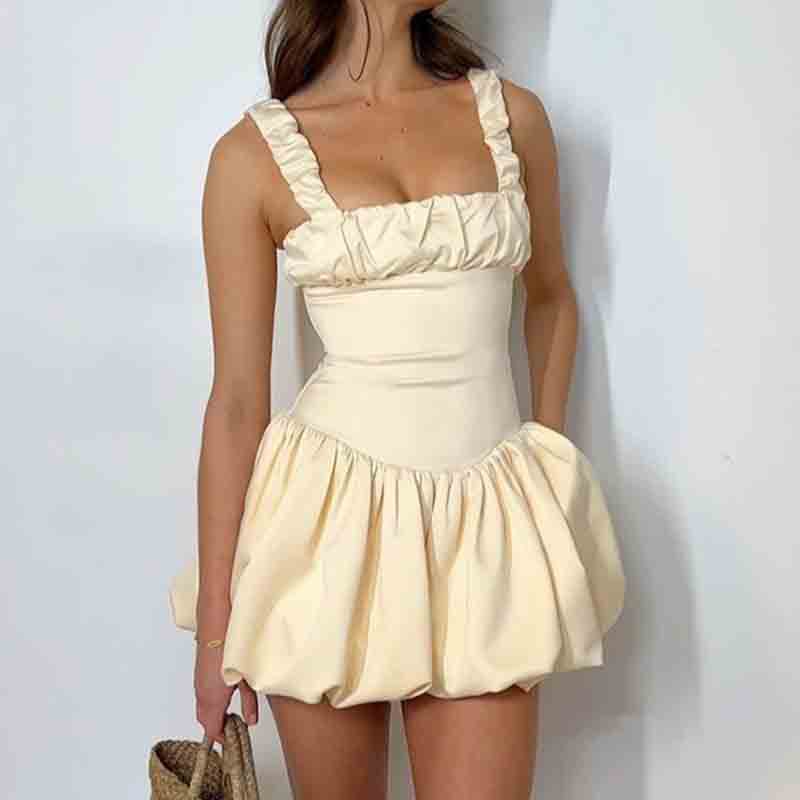 Bia - Vestido corto voluminoso para mujer con escote cuadrado y detalles de volantes