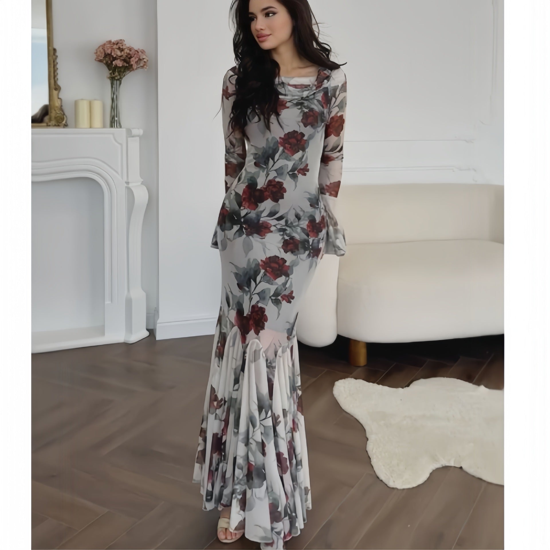 Minerva - Langärmliges langes Kleid mit Blumenmuster