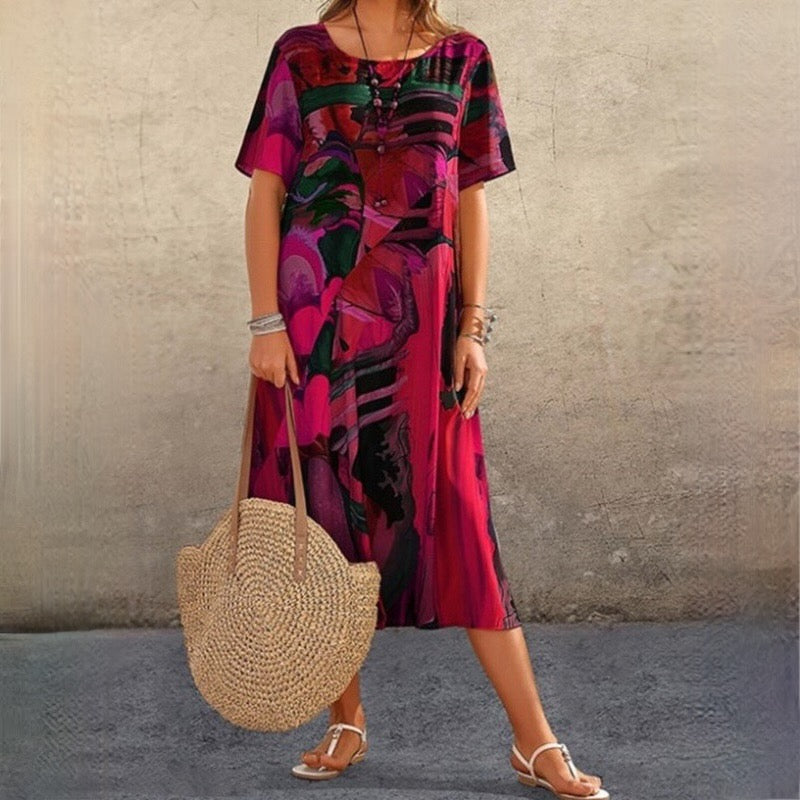 Zendaya - Vestido casual de cuello redondo y holgado con estampado artístico