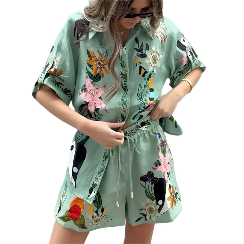 Mary - Stilvolles zweiteiliges Set mit Blumen- und Tierdruck