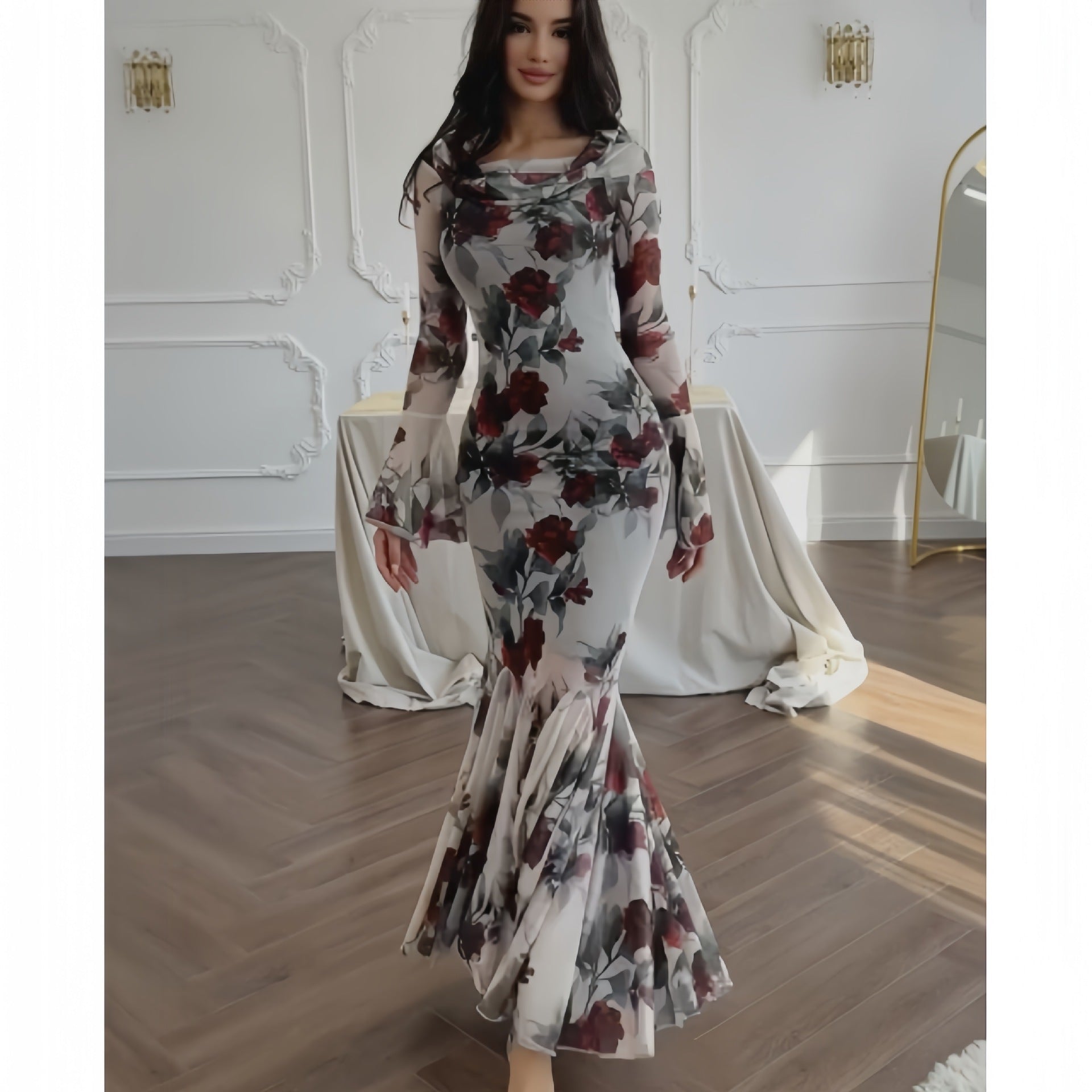 Minerva - Langärmliges langes Kleid mit Blumenmuster