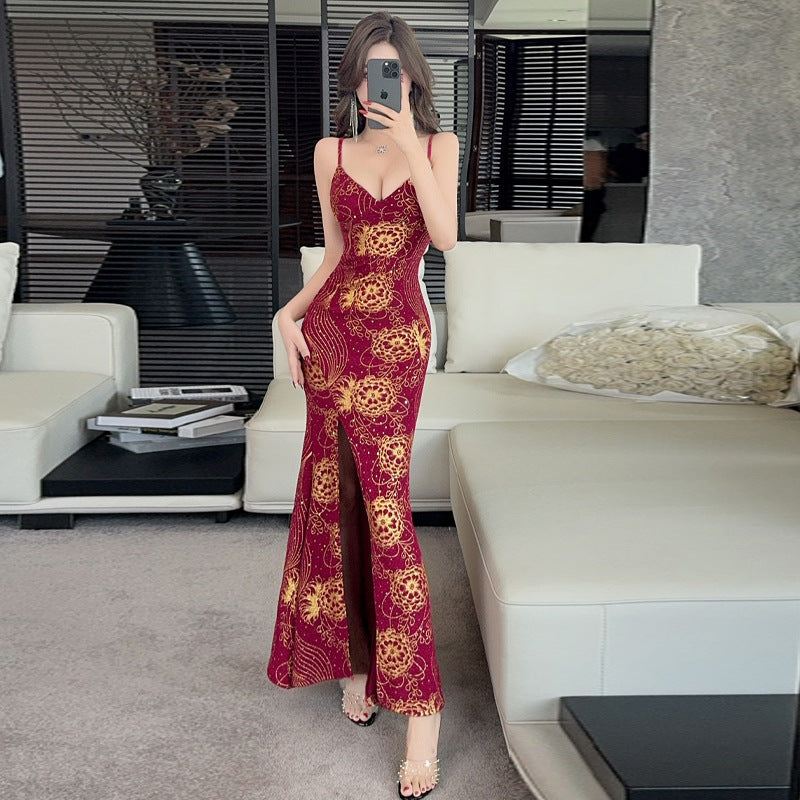 Layla - Bedrucktes langärmliges Kleid mit Schlitz