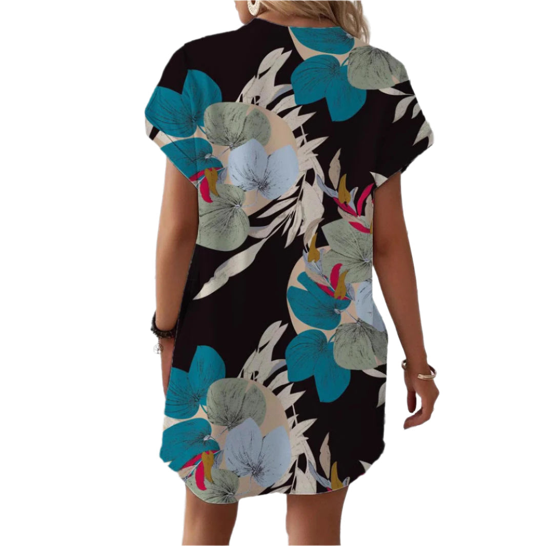 Jovita - Schwarzes Blumenkleid mit kurzen Ärmeln